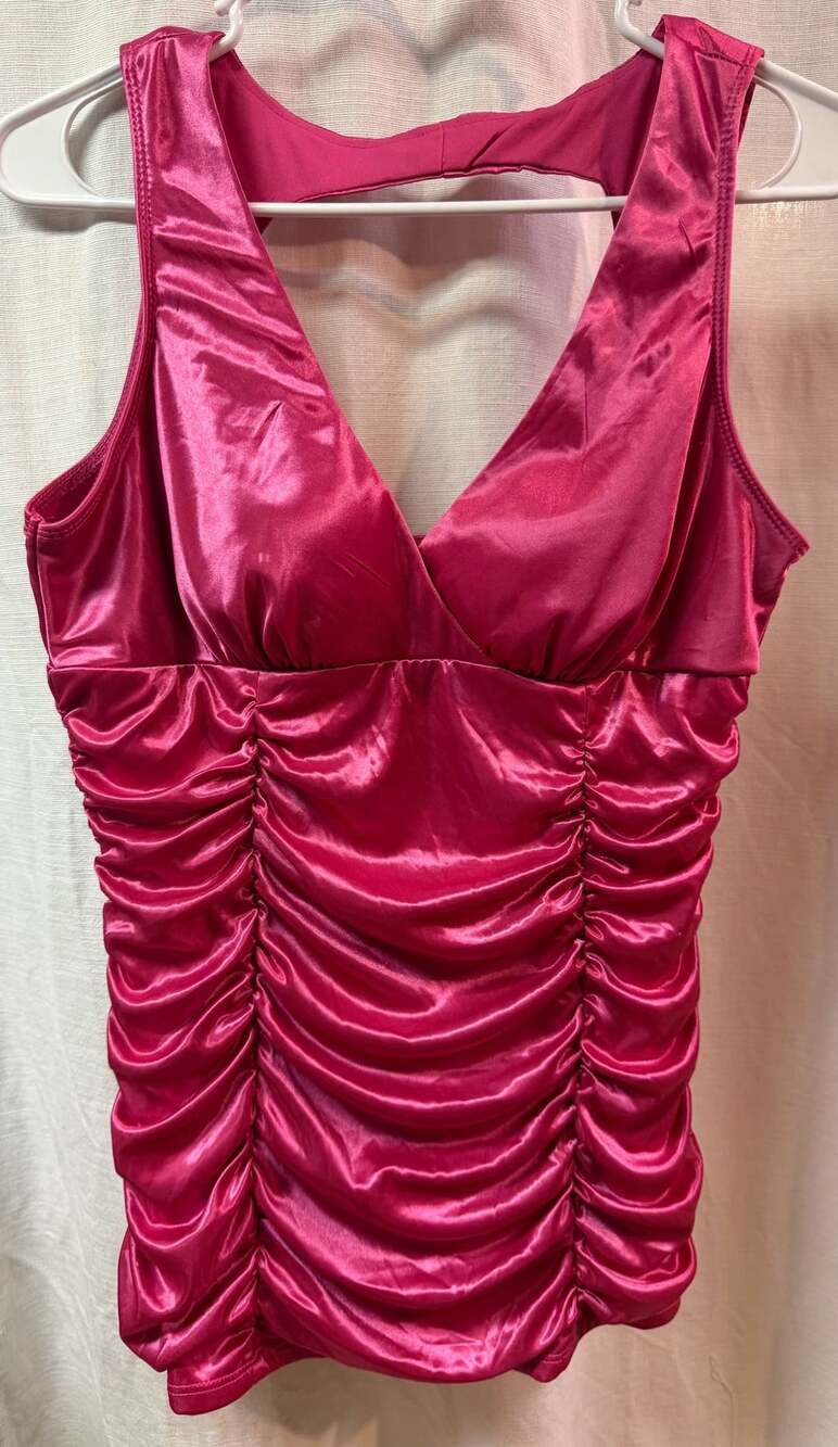 Studio Y Pink Satin Ruched V-Neck Tank Top Size L